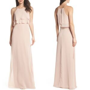 JENNY YOO Charlie Halter Top Ruffle Chiffon Maxi Dress Gown Size 2